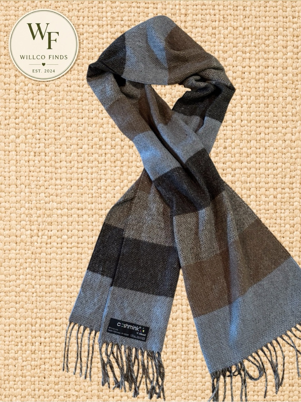 Cashmink V. Fraas Plaid Scarf Gray Brown Black Fringe Made in Germany